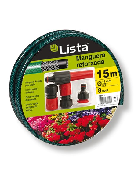 Manguera riego LISTA reforzada tricapa diámetro 15 mm con accesorios Longitud rollo 15 M