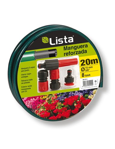 Manguera riego LISTA reforzada tricapa diámetro 15 mm con accesorios Longitud rollo 20 M