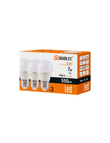 Pack 3 bombillas led Mini Globo DUOLEC E27 luz cálida 7 W