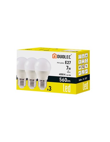 Pack 3 bombillas led Mini Globo DUOLEC E27 luz día 7 W