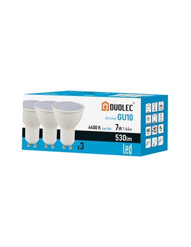 Pack 3 bombillas Led dicroica DUOLEC GU10 luz fría 7 W