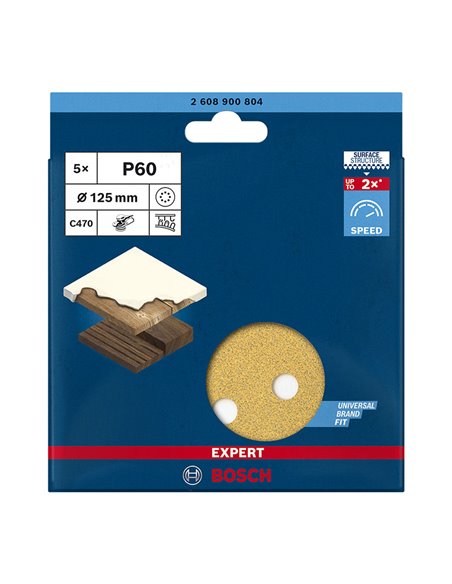 Disco abrasivo para lijadora excéntrica ø125 mm BOSCH C470  5 unidades Grano 60