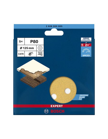 Disco abrasivo para lijadora excéntrica ø125 mm BOSCH C470  5 unidades Grano 80