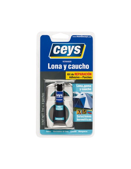 Adhesivo reparador CEYS lona y caucho, 7ml + 4parches